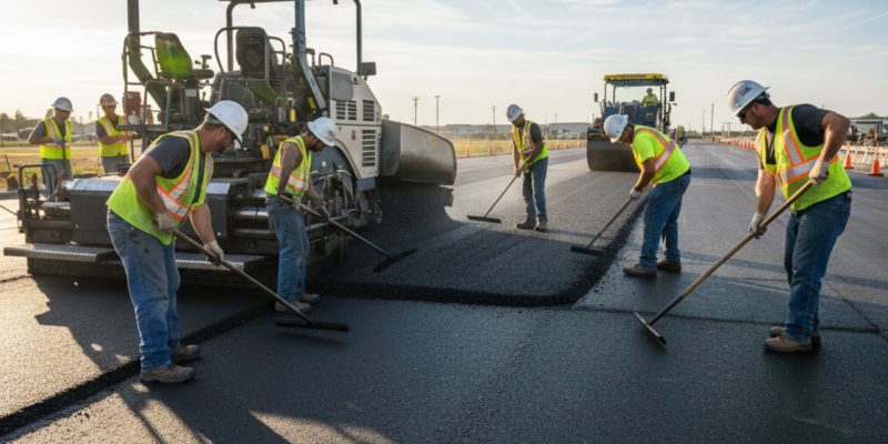 A professional paving crew works diligently on a large asphalt project under a clear sky.