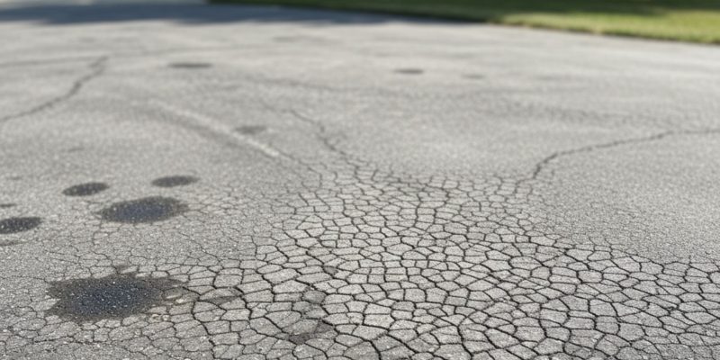 A close-up view of an aged asphalt driveway shows extensive cracking and oil stains, indicating deterioration.